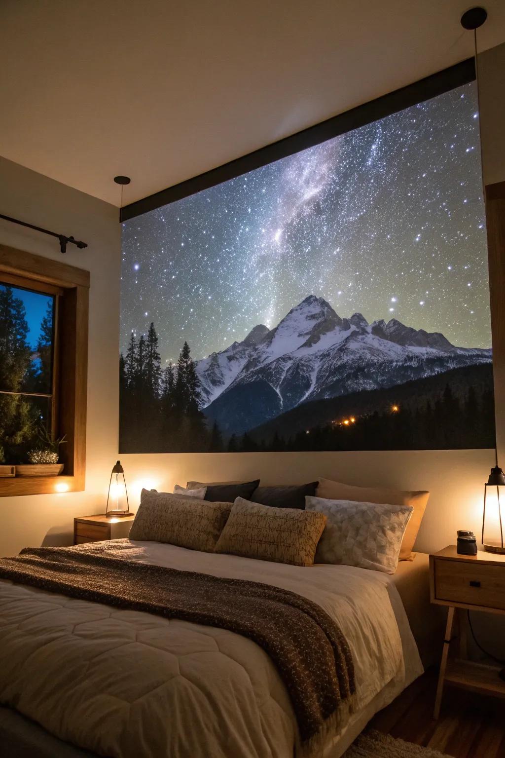 Mountain shadow art gives a bedroom a sense of openness.