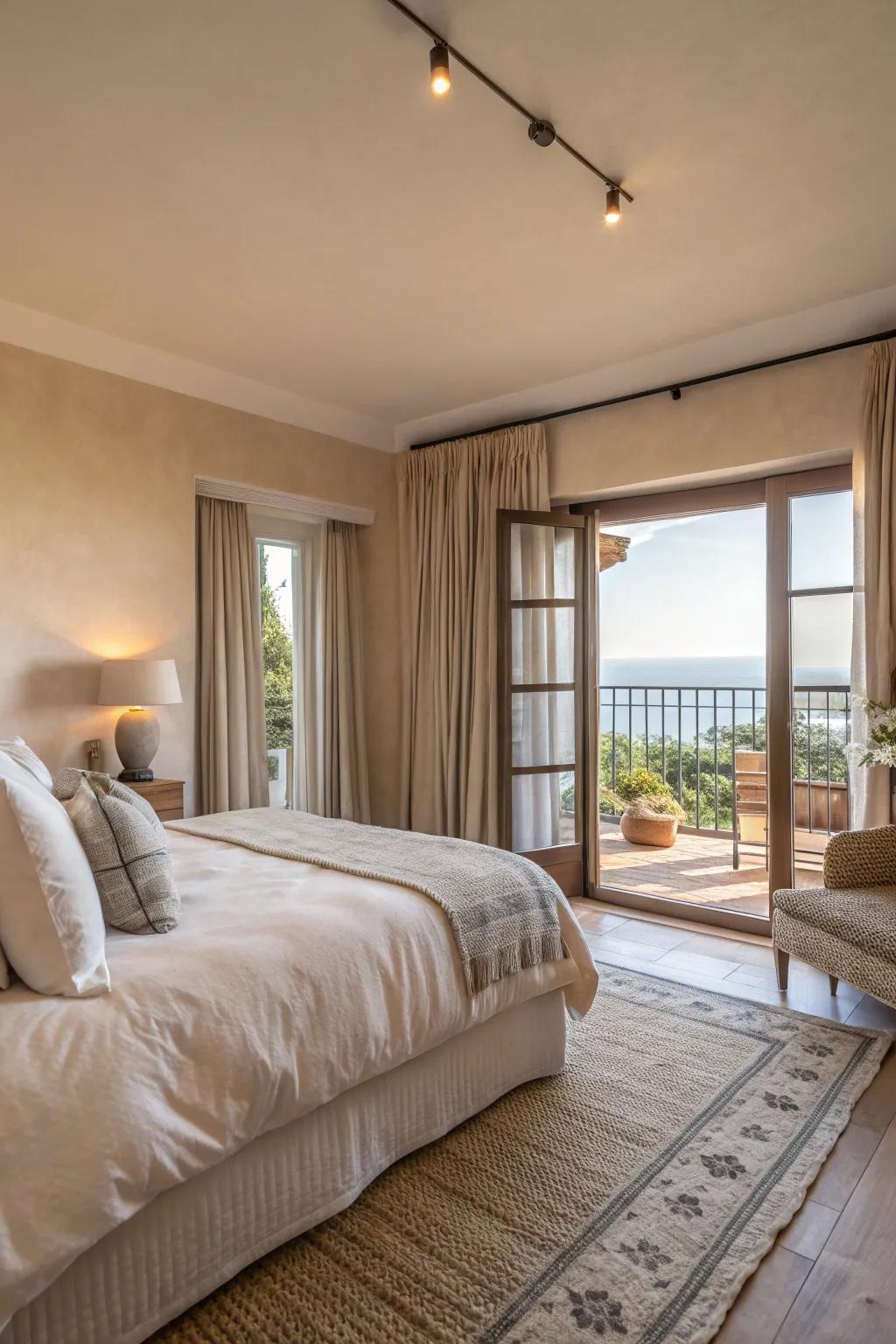 A serene bedroom featuring a muted color scheme that carries onto the balcony.
