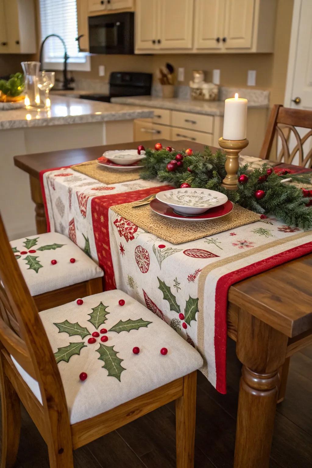Holiday-inspired fabrics add warmth and charm to the kitchen.