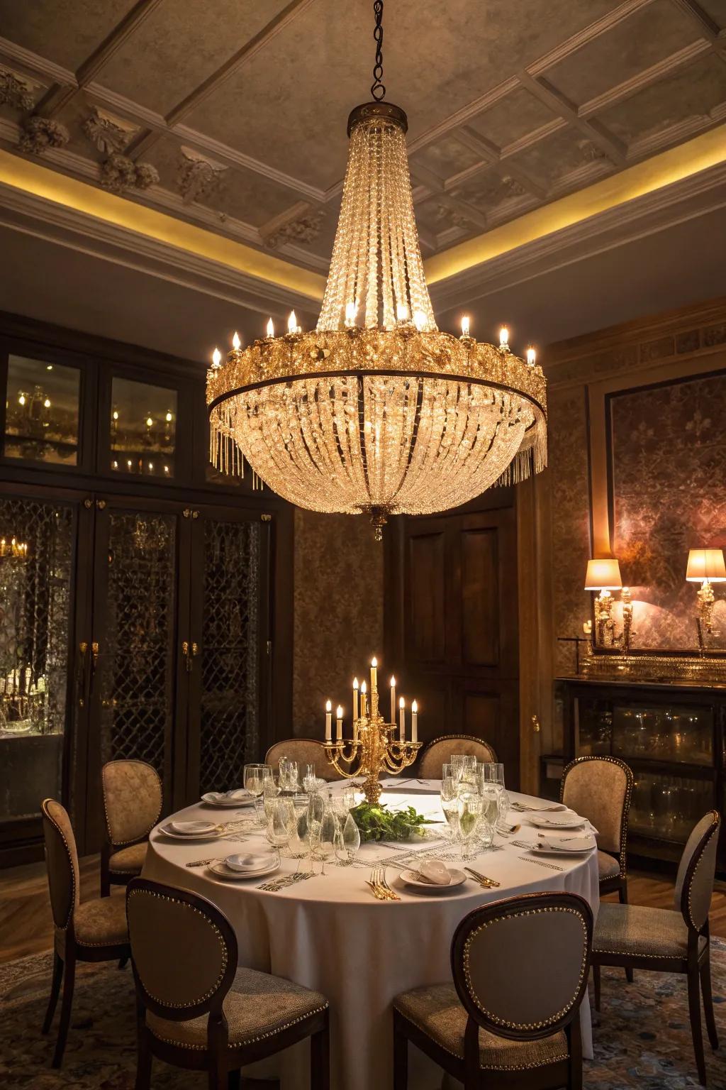 Statement lighting adds a touch of elegance to the dining room.
