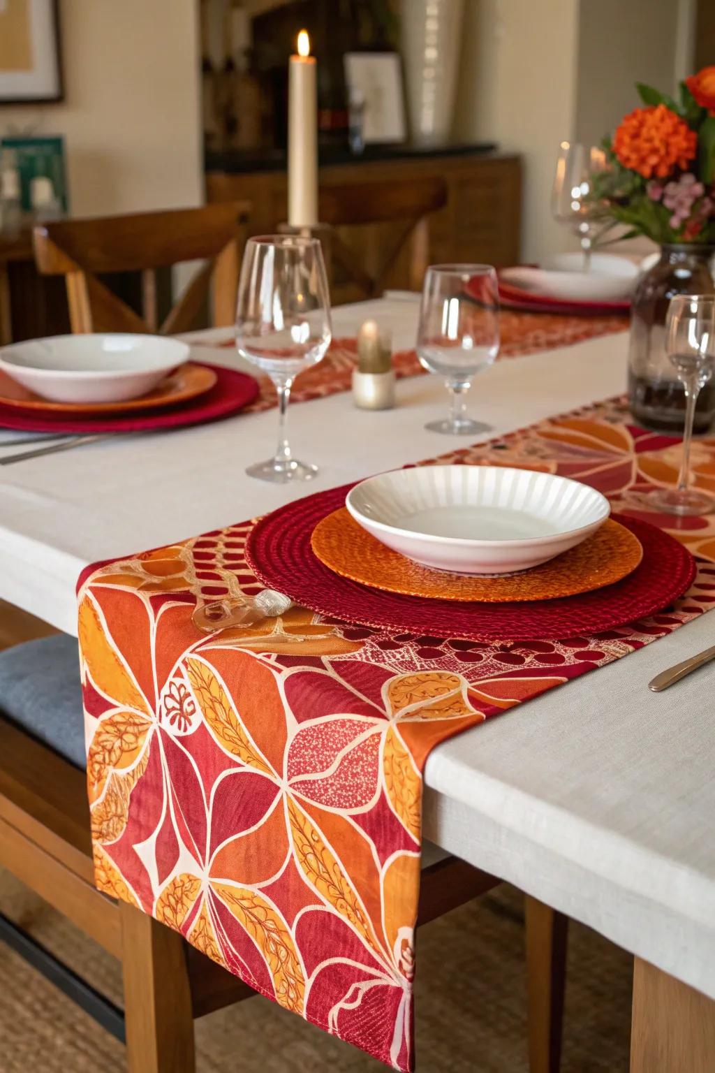 A vibrant table runner provides a revitalizing pop of color.