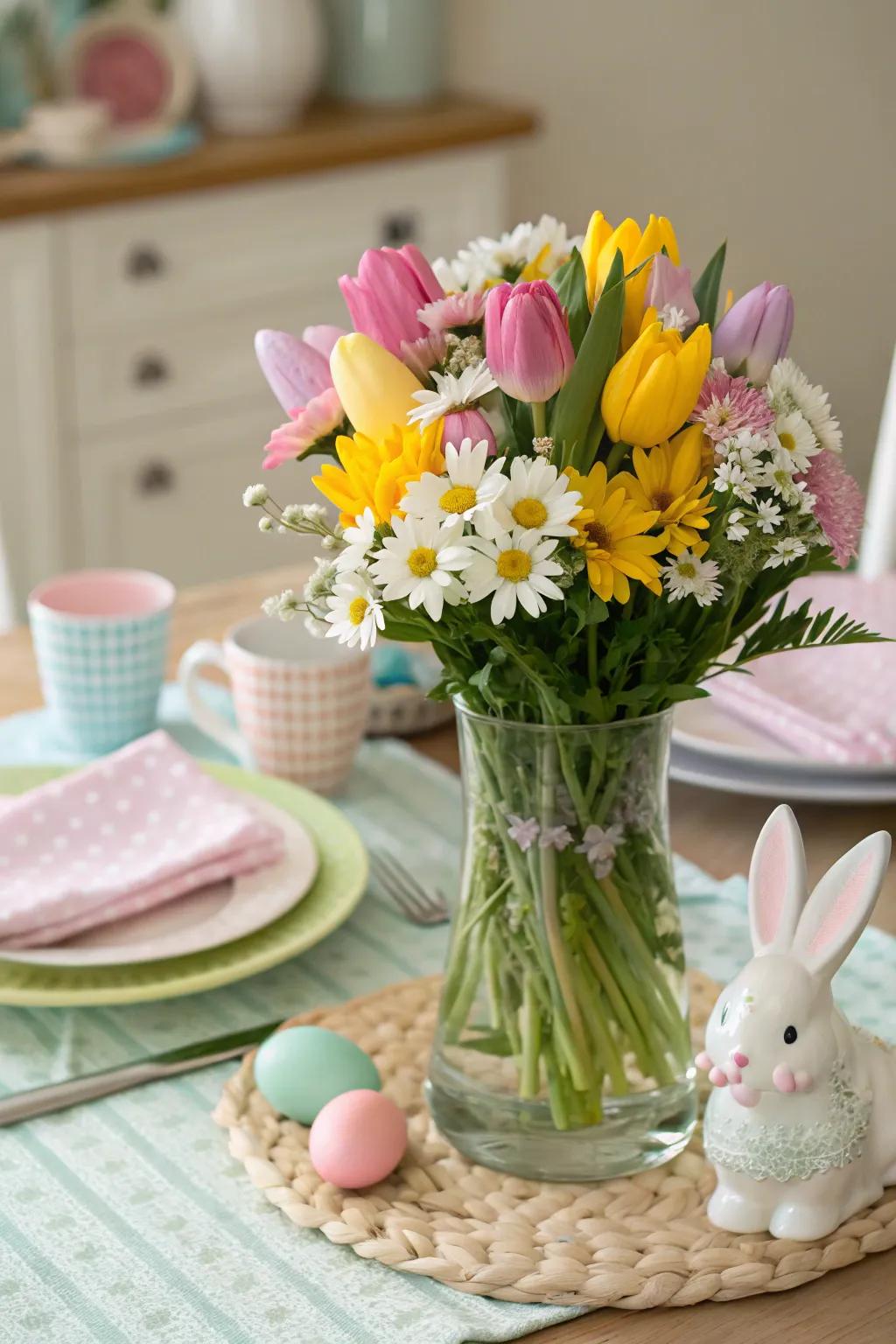 The combination of tulips and daisies crafts an energetic floral focal point.
