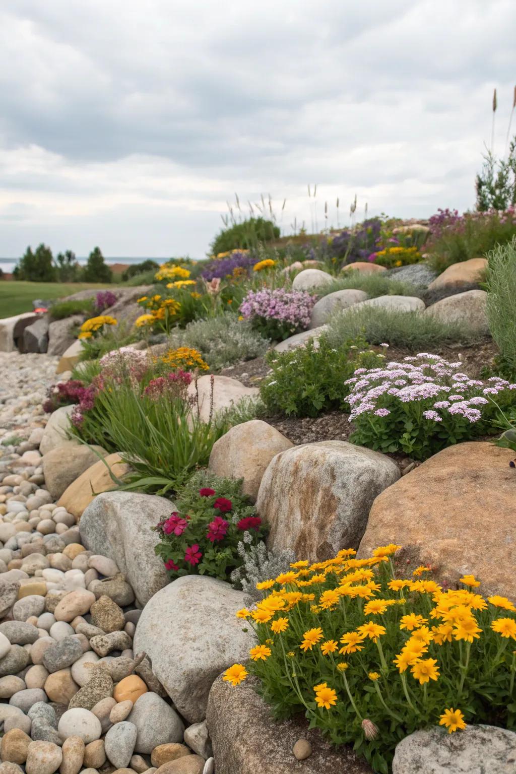 Natural stones add texture and a sense of structure to this flower bed.