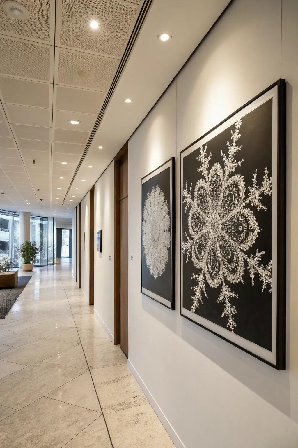 Monochrome fractal art brings elegance and contrast to a modern dwelling.