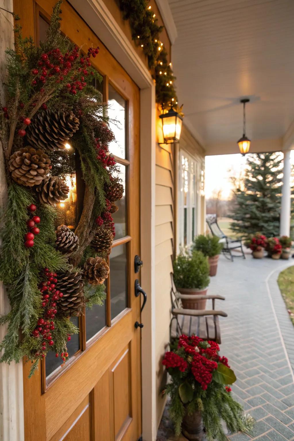 Natural elements like pinecones and berries bring an organic charm.