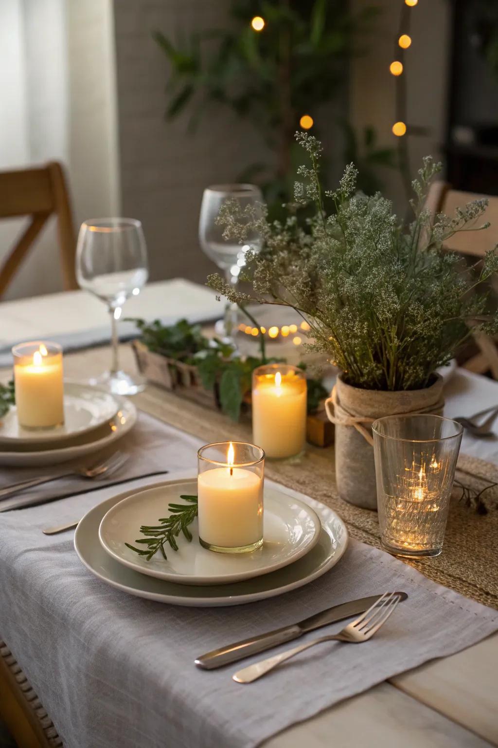 Small votive candles add a cozy glow to the table.