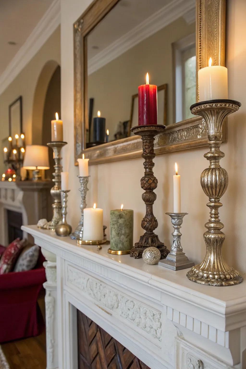Candles create a warm and inviting ambiance on this stylish mantel.