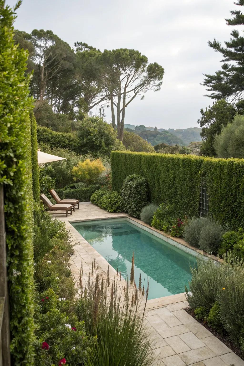 Tall greenery providing privacy and enhancing the pool ambiance.