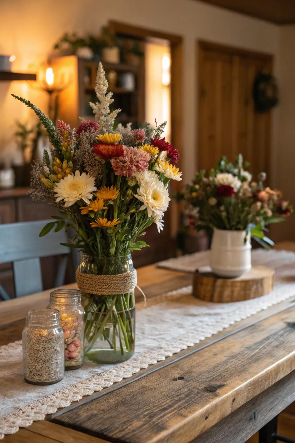 Storage jars brimming with seasonal blooms on a rustic table.
