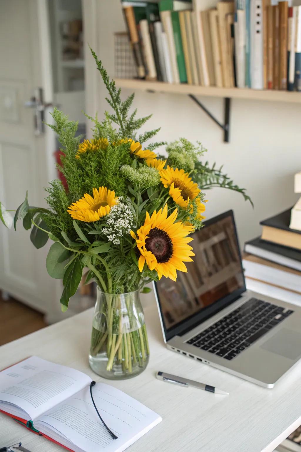 A refreshing sunflower and greenery arrangement brightens up a workspace.
