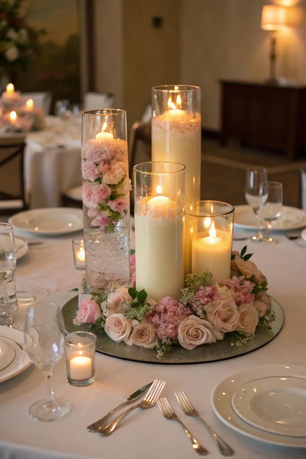 Floating candles in glass vases create a serene and romantic centerpiece.