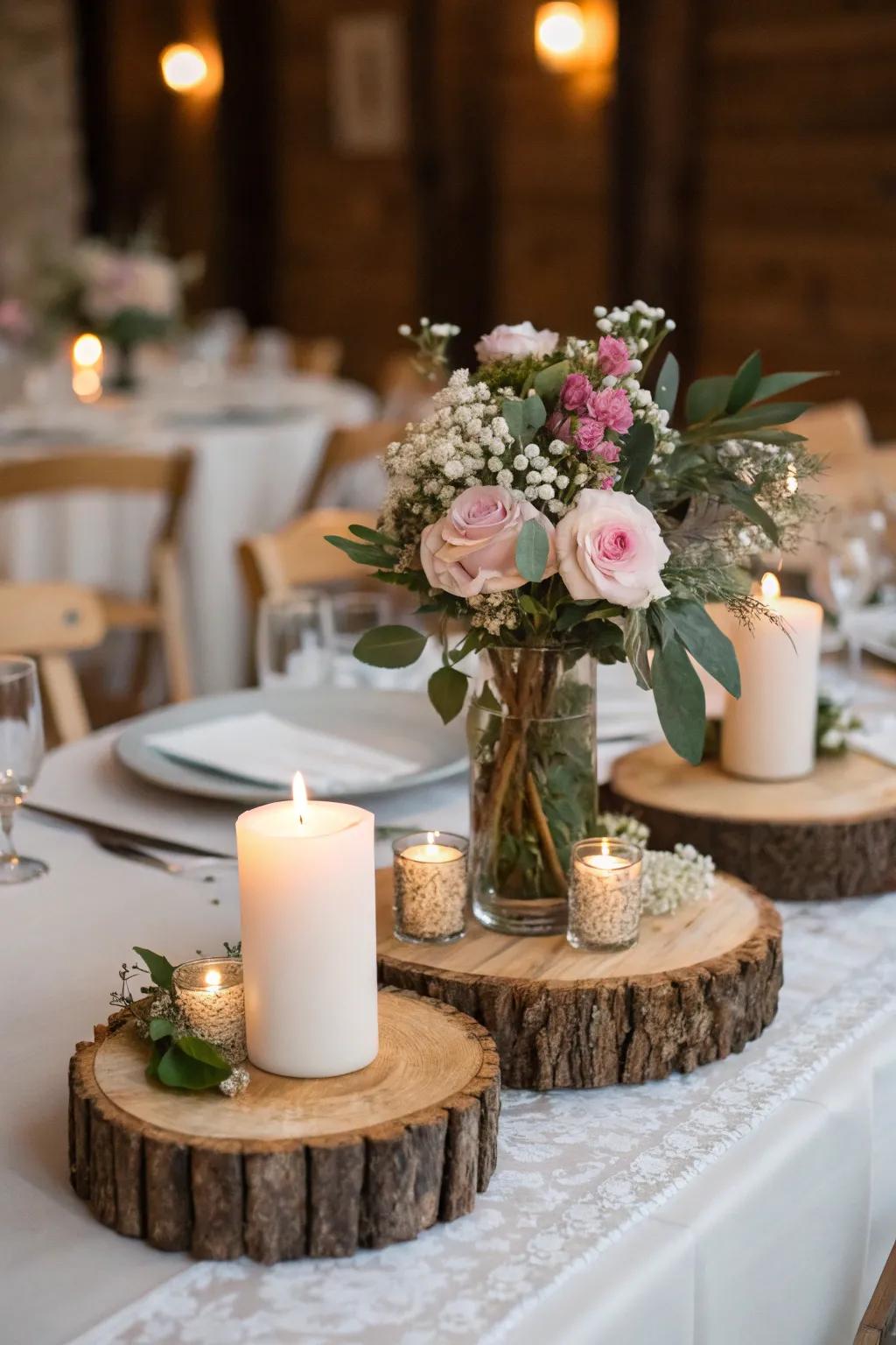 Wood pieces contribute country-style appeal to the wedding decorations.