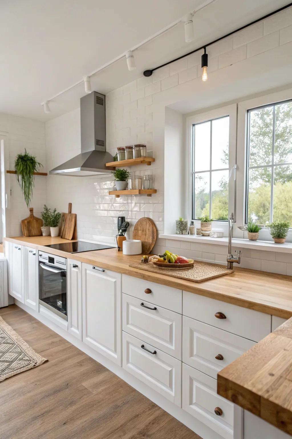 Wood features add warmth to a predominantly white kitchen.
