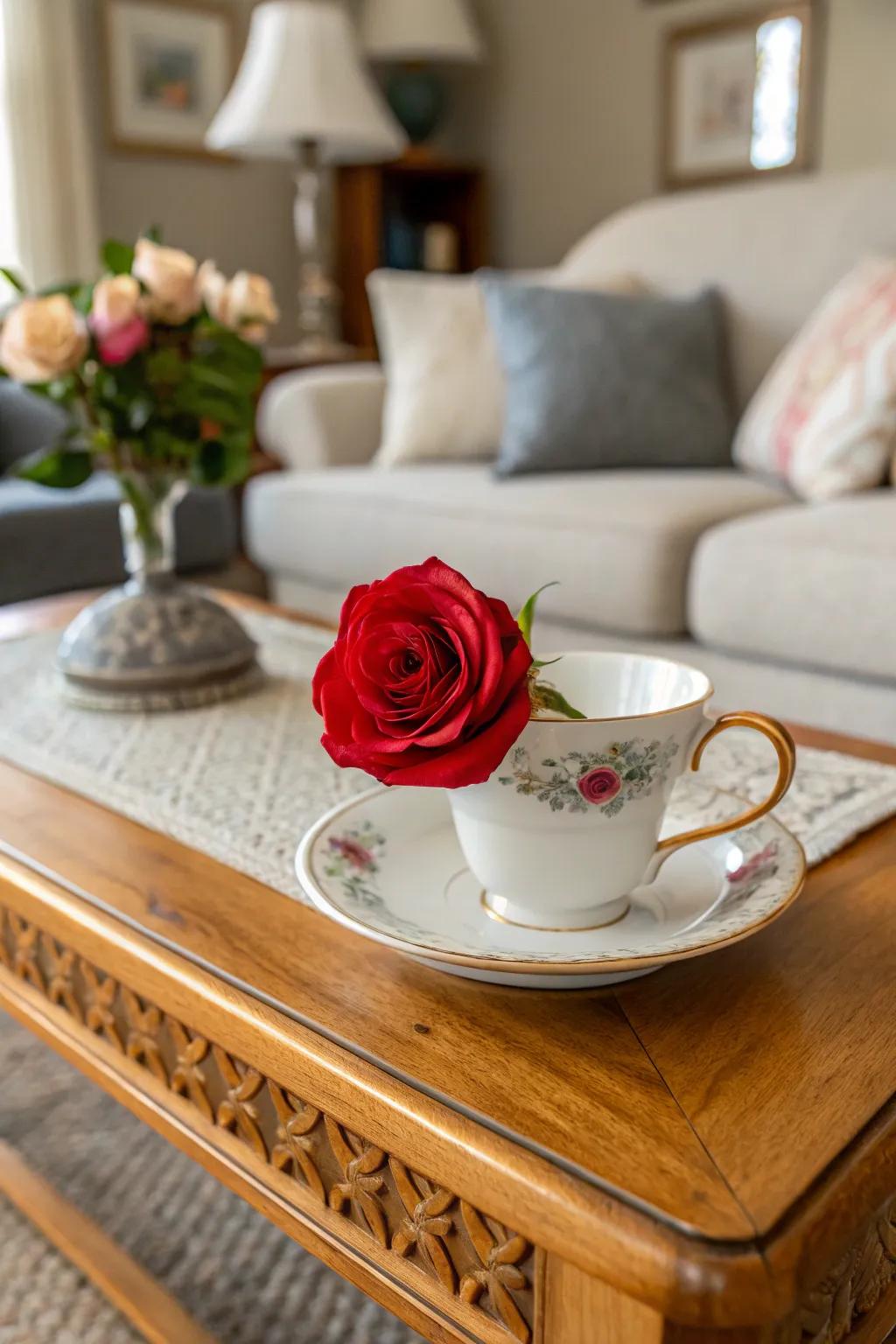 A rose displayed in a teacup infuses a playful element into your design.