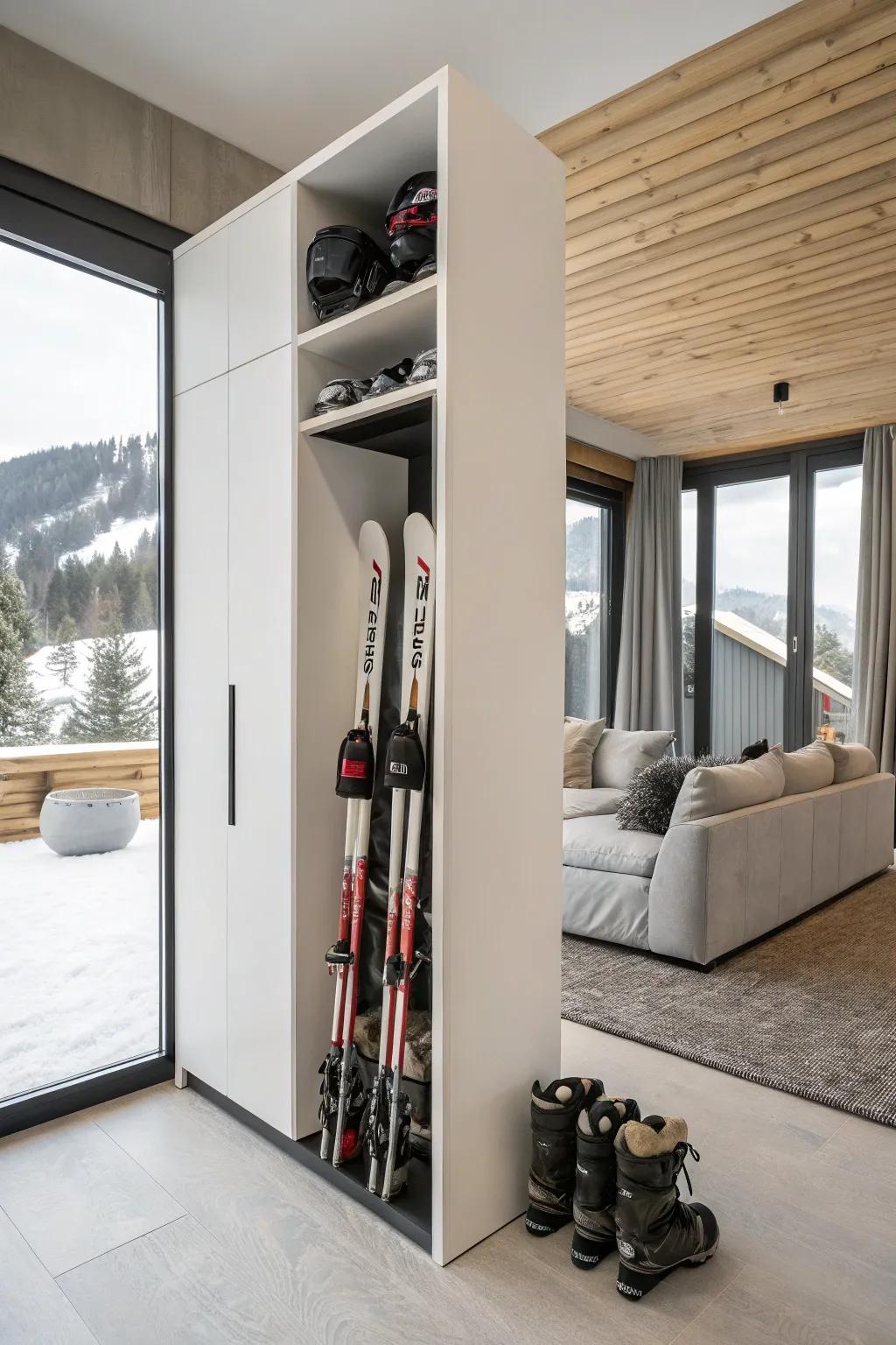 Minimalist ski storage adds elegance and function to any space.