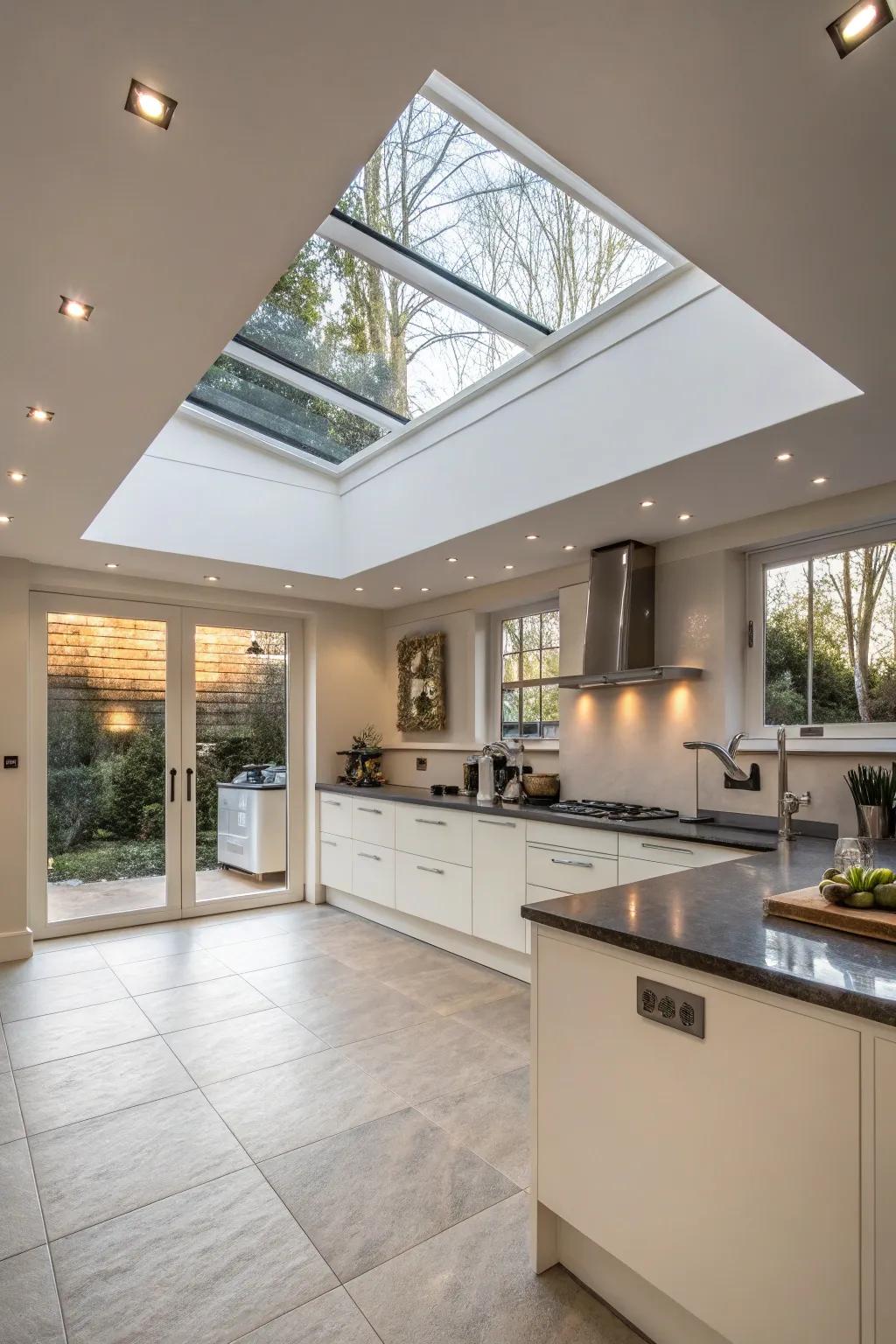 A modern kitchen showcasing a skylight with integrated lighting.