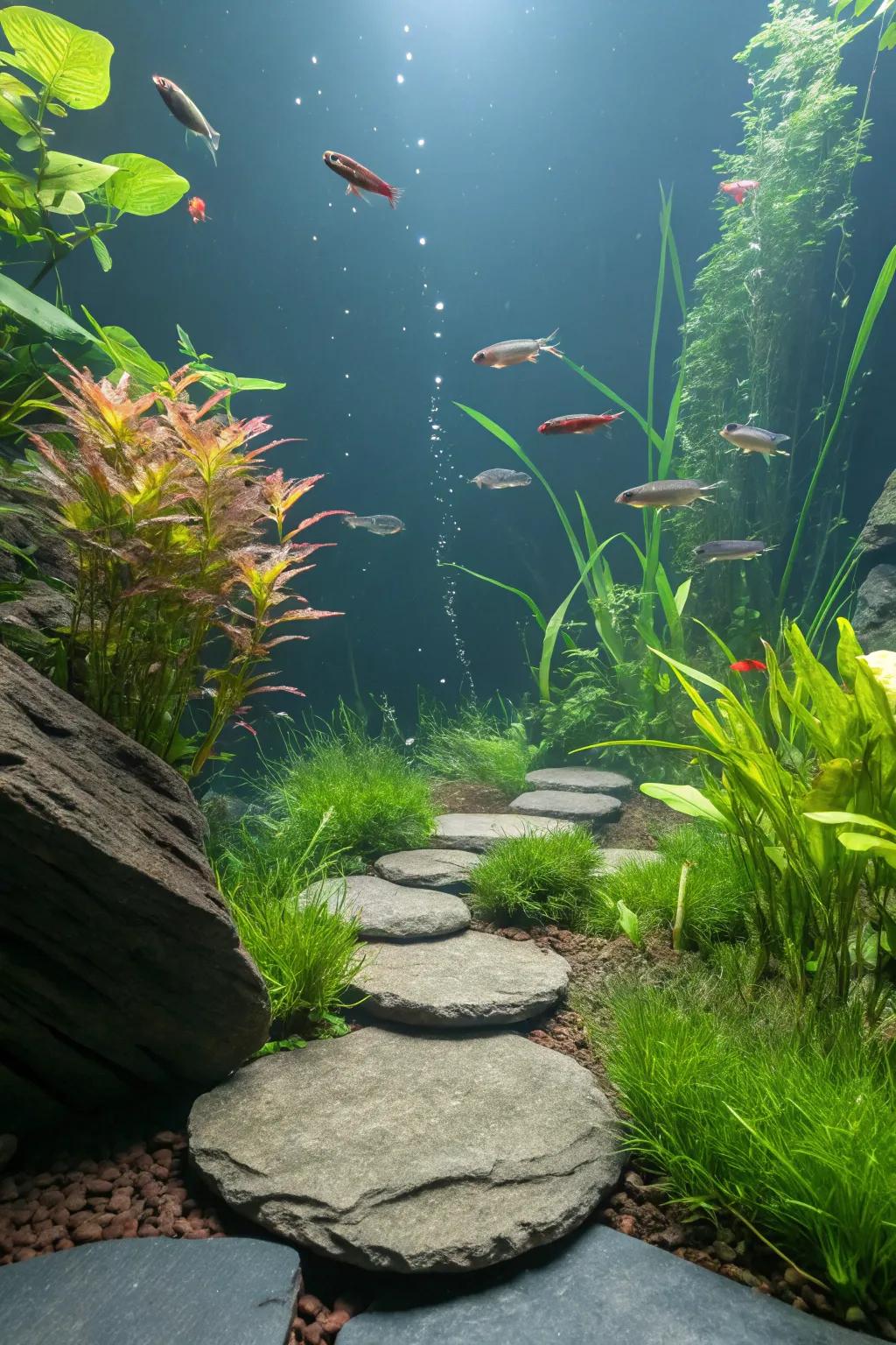 Suspended mineral stone stages fashioning a distinctive aquascape.
