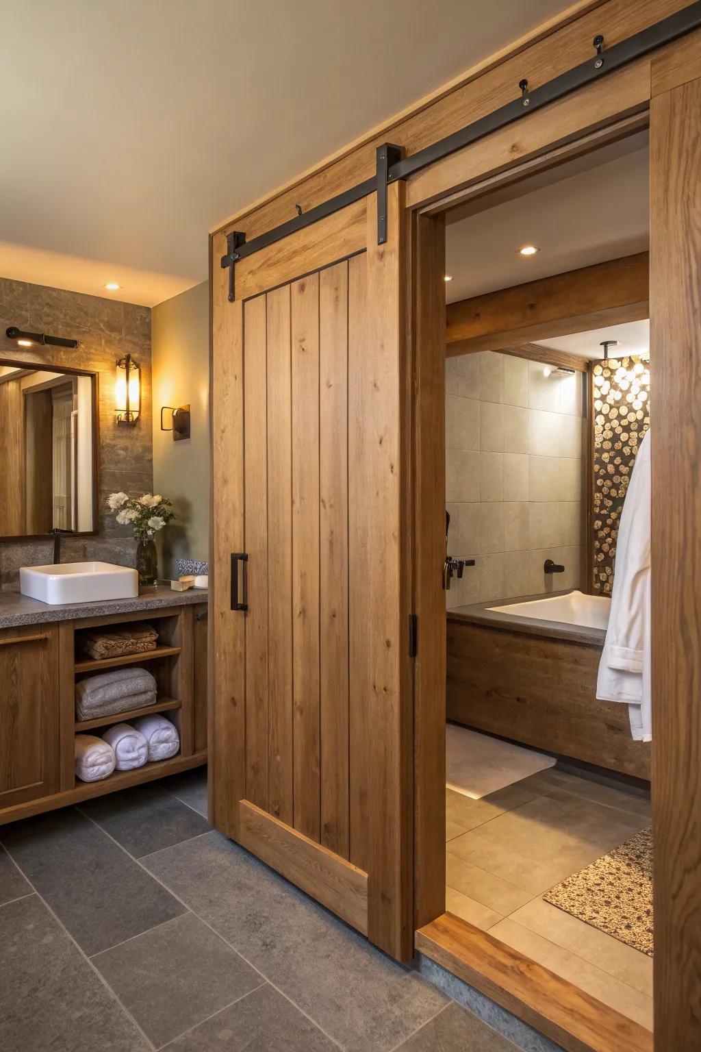 The natural wood finish on these sliding doors adds a warm and organic feel to this bathroom.