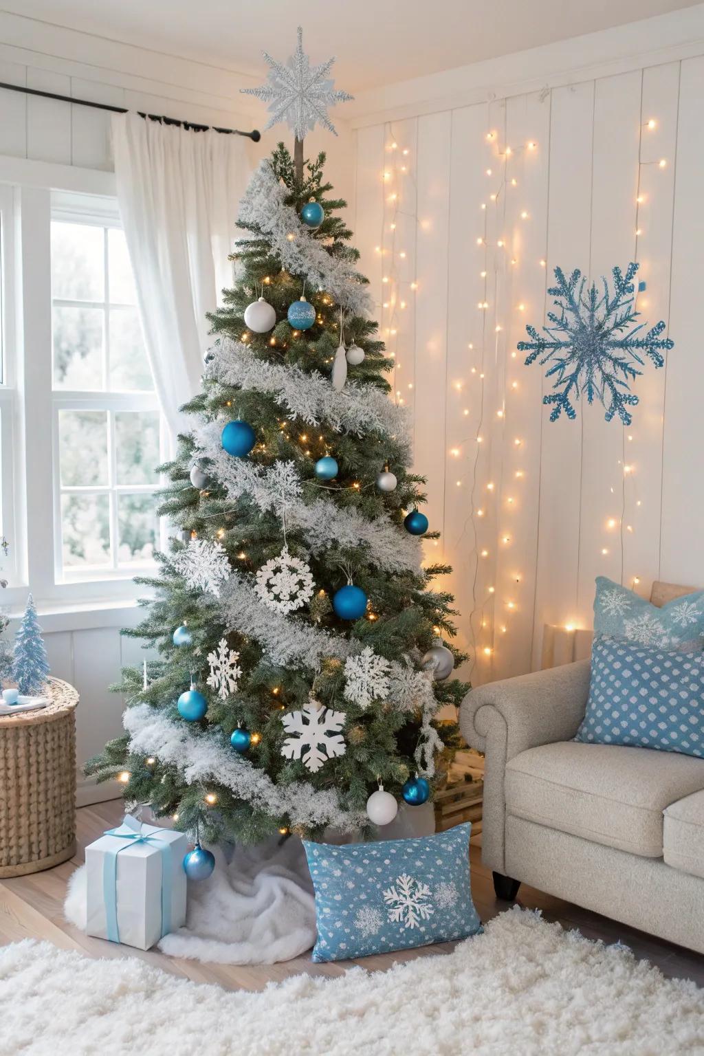 A snowy scene design provides an enchanting element to a slender tree.