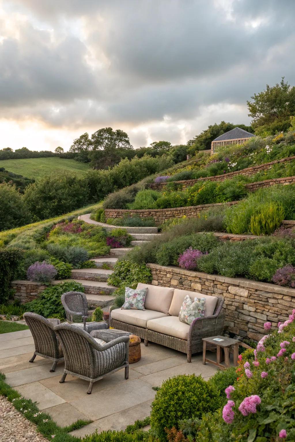 Comfortable seating spots invite relaxation in your sloping garden.