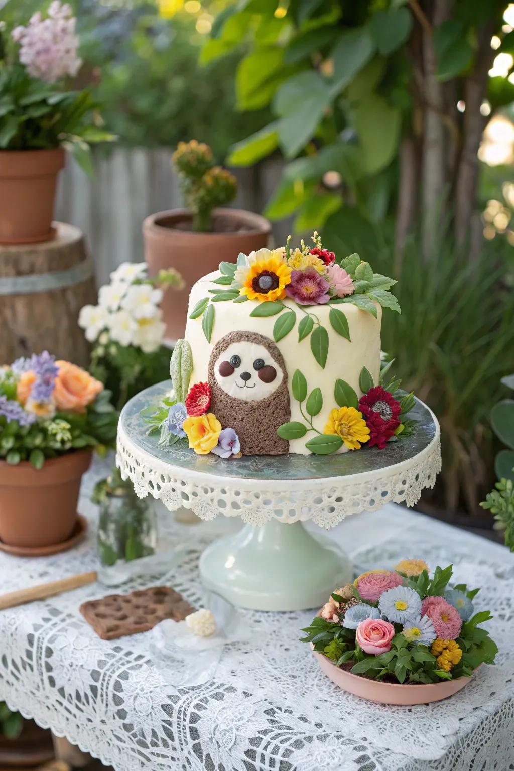 Floral accents elevate this sloth dessert to a new level.