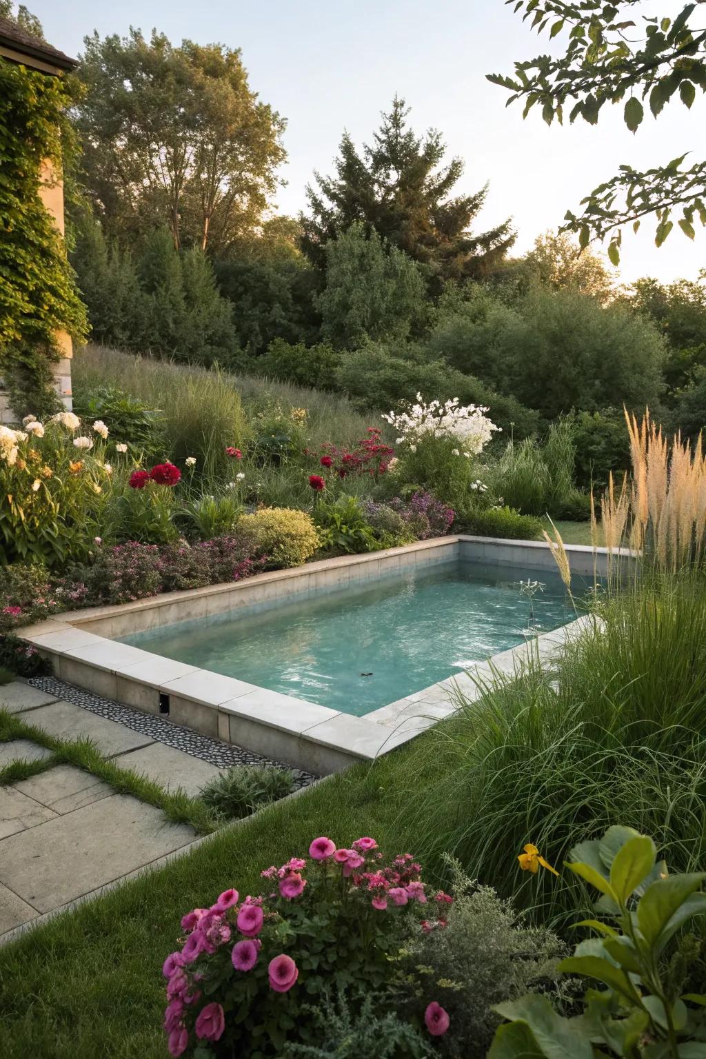 A peaceful above-ground pool nestled within a flourishing green retreat.