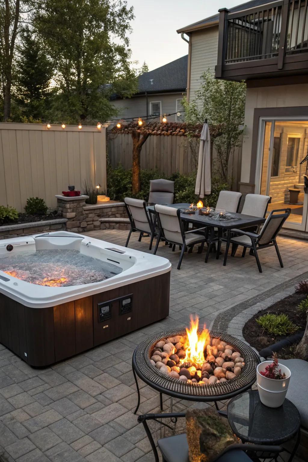 A backyard soak station zone featuring a brazier and an eating arrangement, ideal for social events.