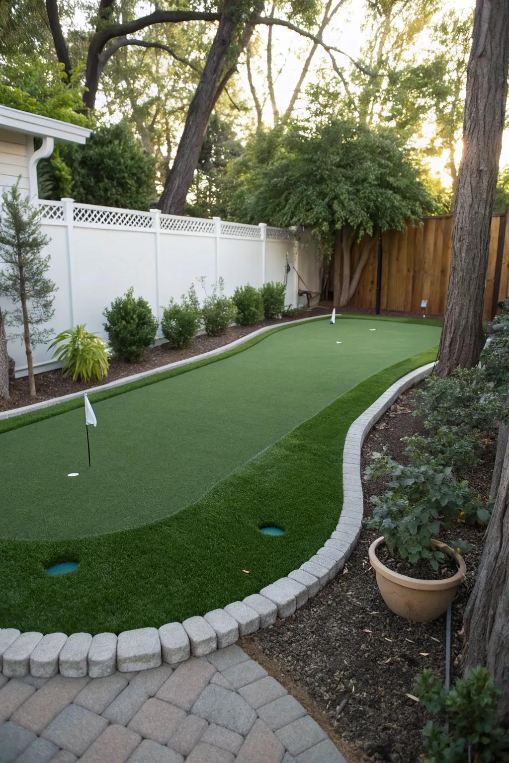 A petite putting green showcasing vibrant, low-maintenance artificial turf.