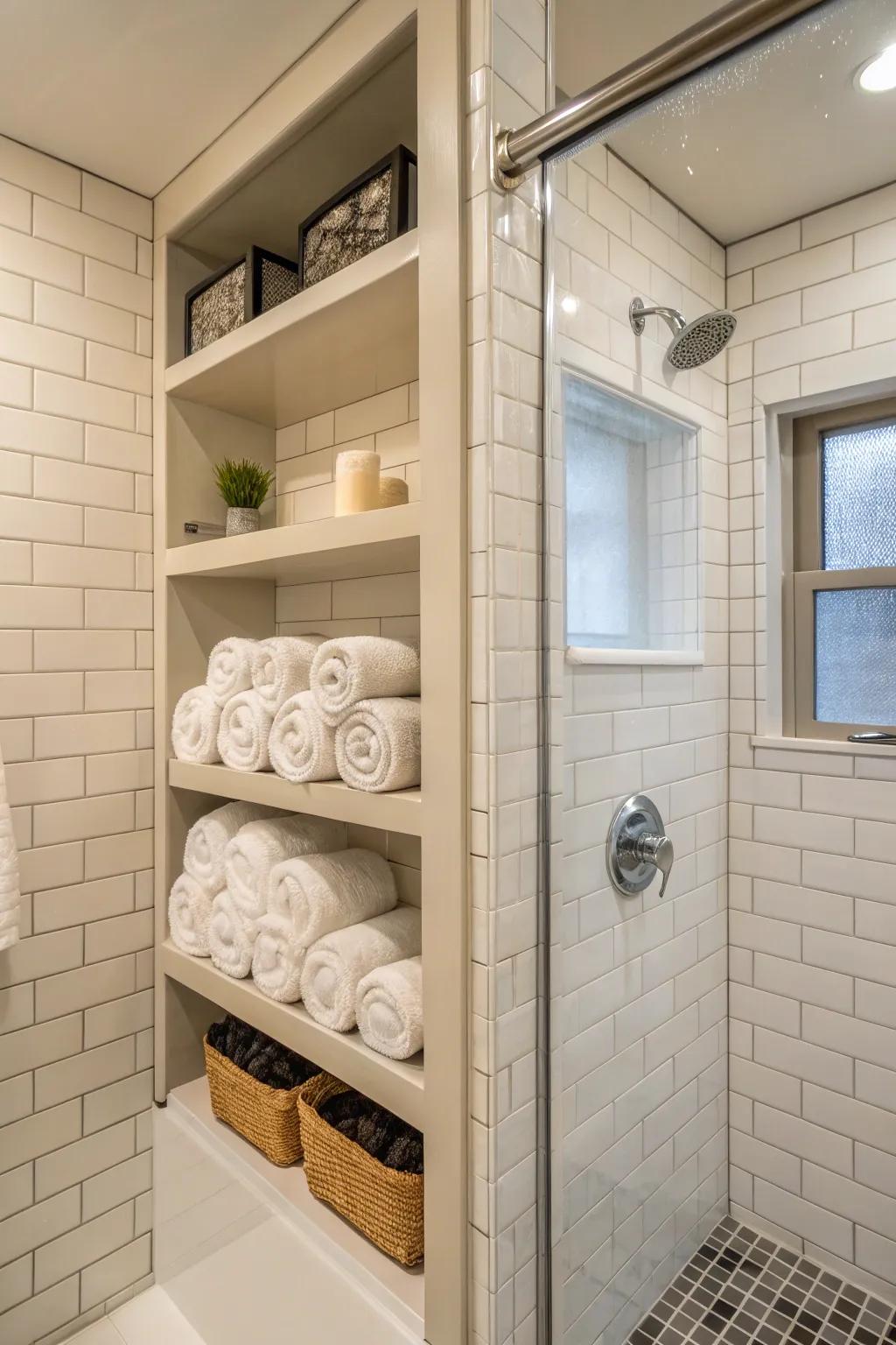 In-the-wall shelves offer discreet and functional towel storage.