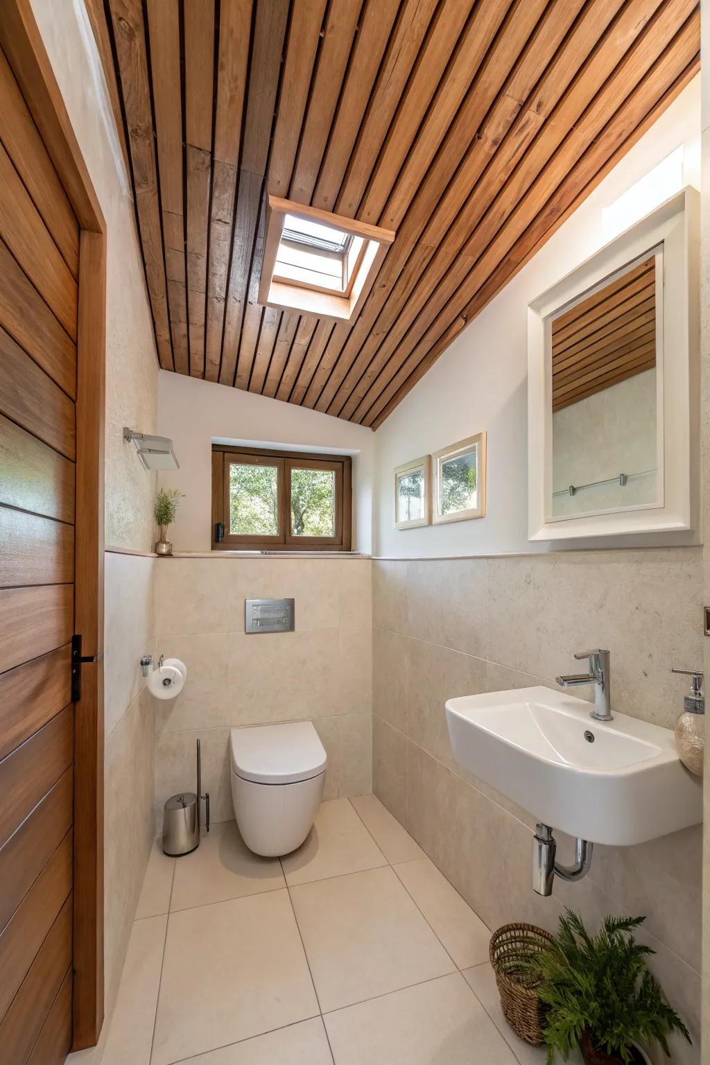Chic slatted wood ceiling adding a modern touch.