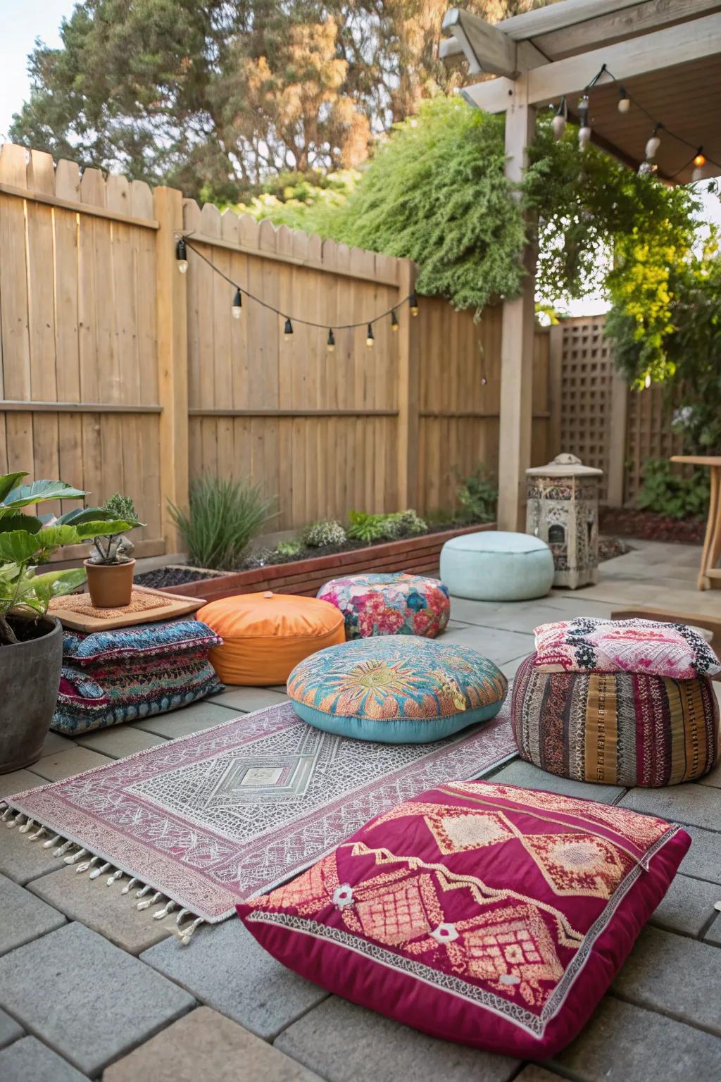 Ground seating with cushions and poufs provides a relaxed atmosphere.