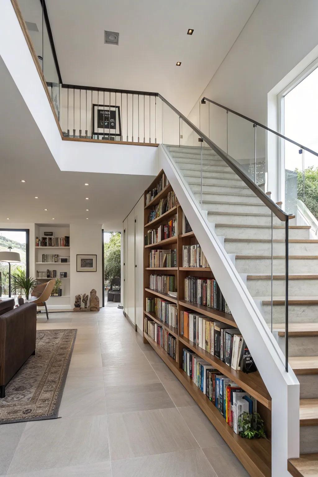 Beneath-staircase libraries intelligently utilize space.