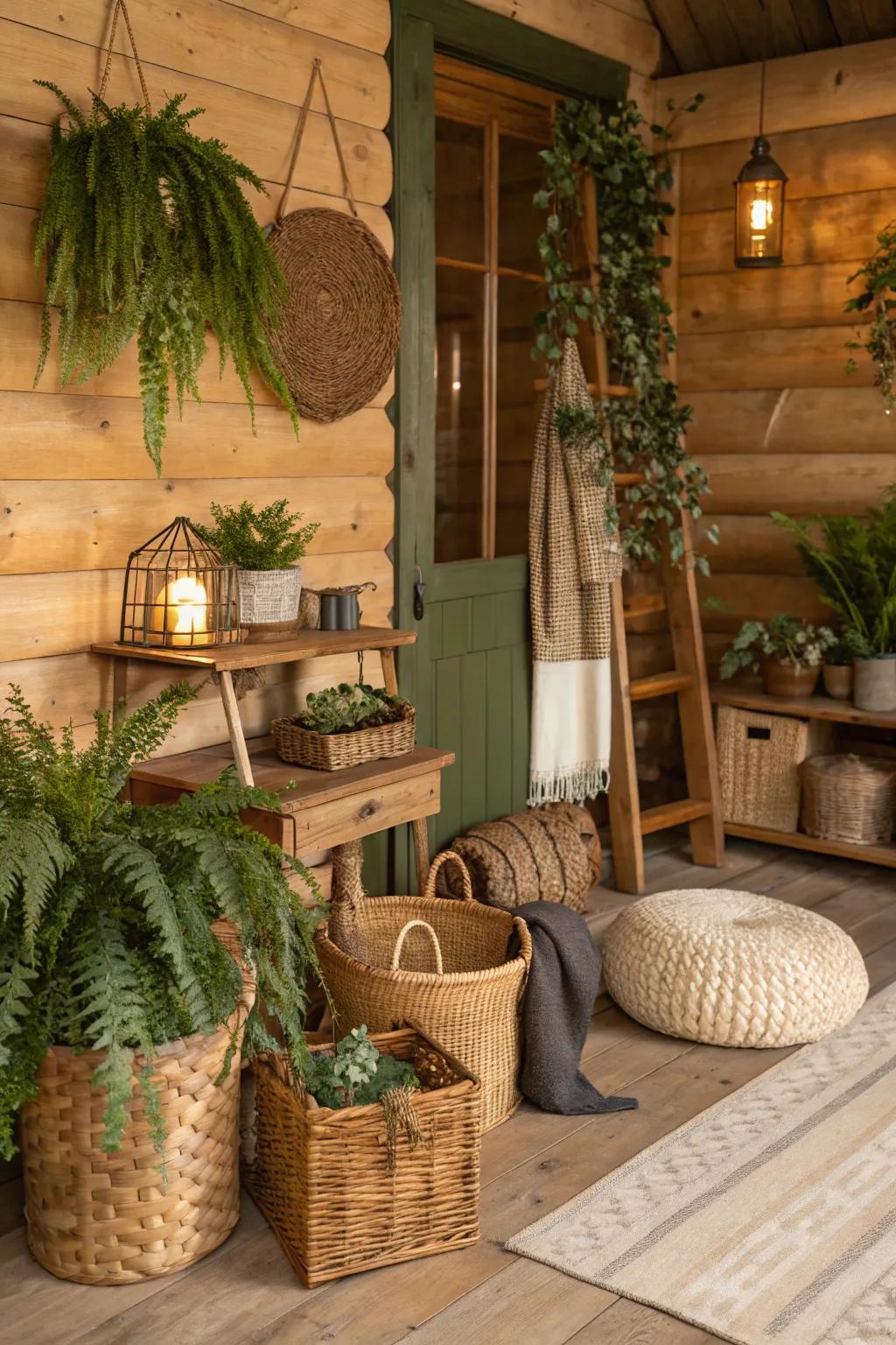 A cabin interior adorned with nature-inspired accessories and earthy tones.