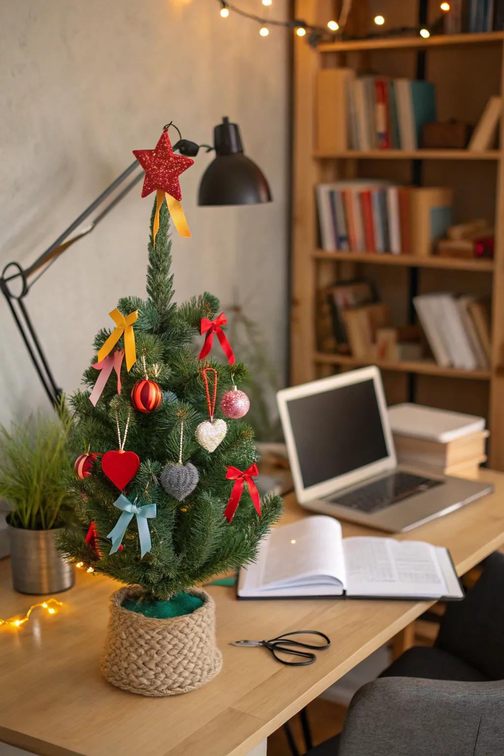 A petite Christmas tree adorned with handcrafted ornaments for a bespoke character.