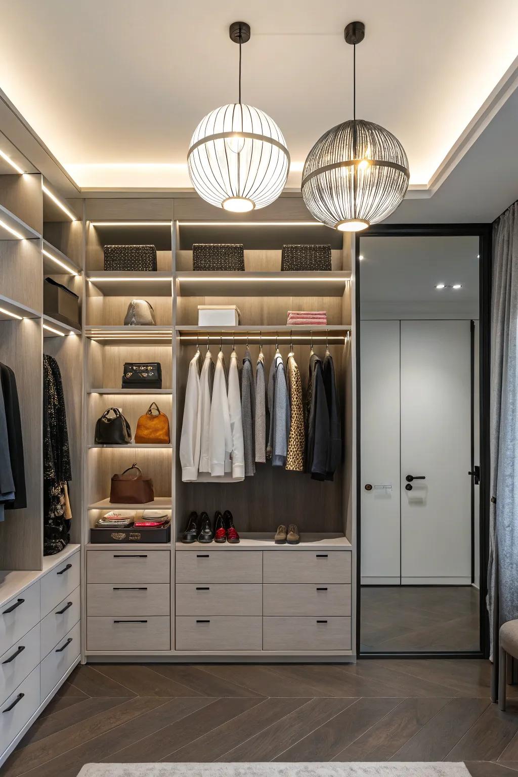 Elegant fixtures give a contemporary feel to a small closet space.