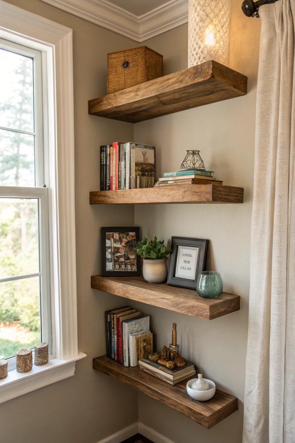 Floating shelves present fashionable storage options.