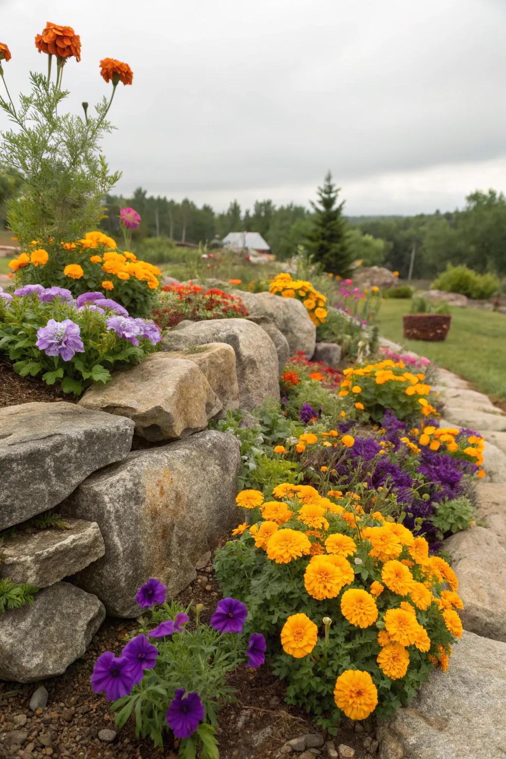 Bright flowers enliven a small corner rock garden.