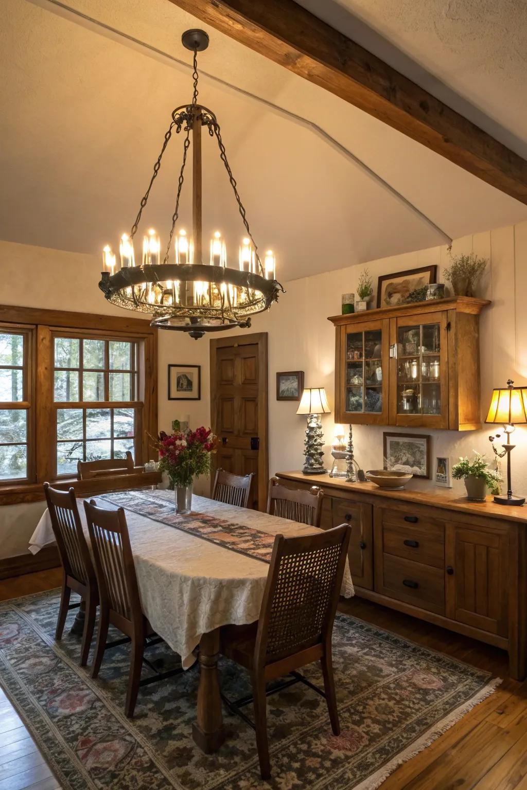 A gorgeous light fixture enhances the ambiance of the space.