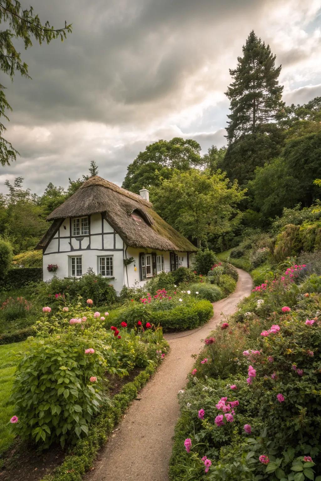 This lovely cottage is surrounded by a lush garden.