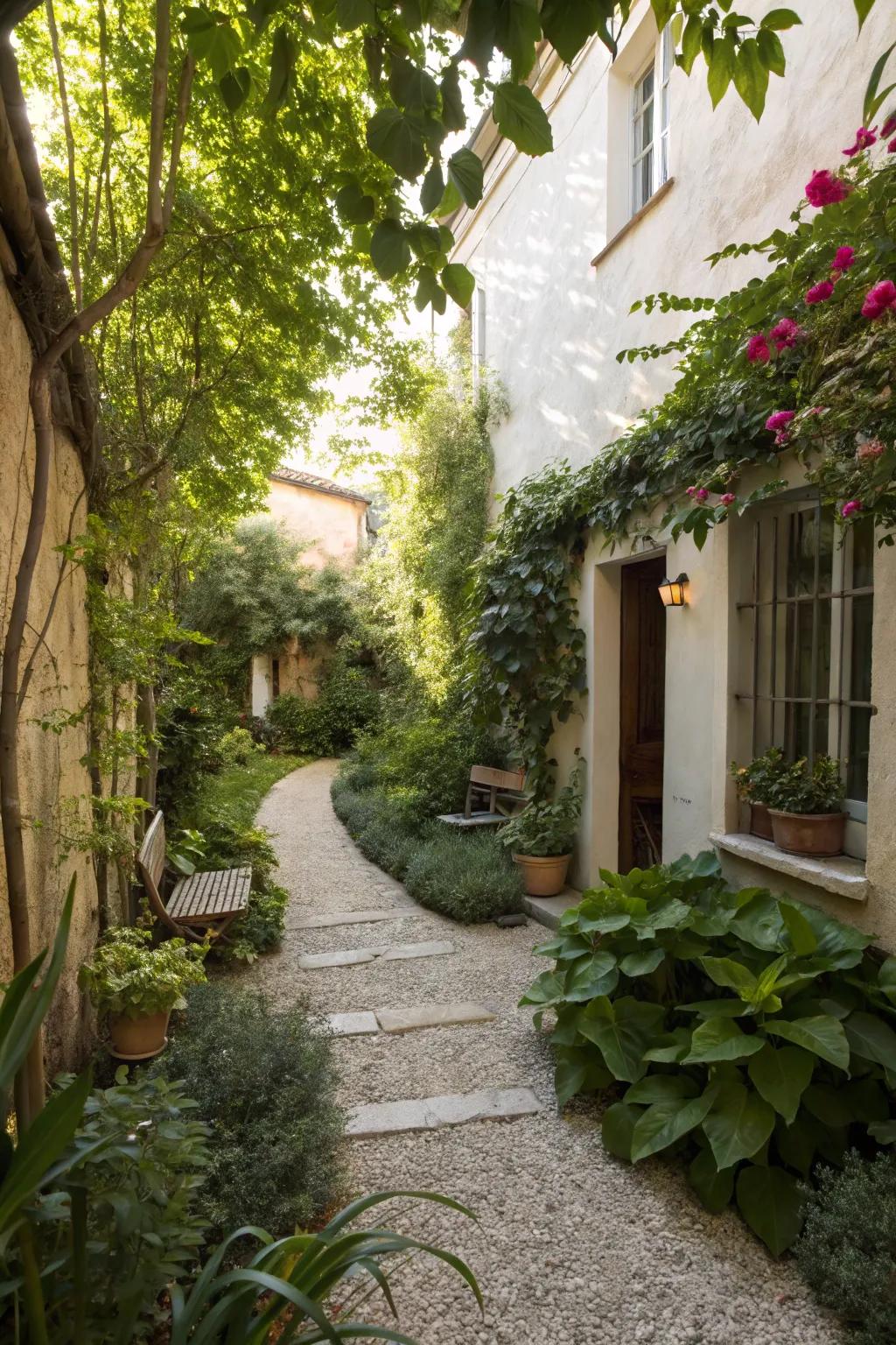 Gravel pathways add rustic charm to courtyards.