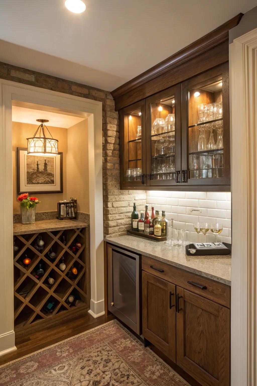 A snug corner alcove serving as a drink station.