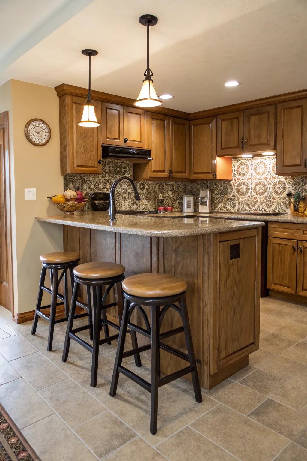 Bar seating provides a modern touch to small kitchens.