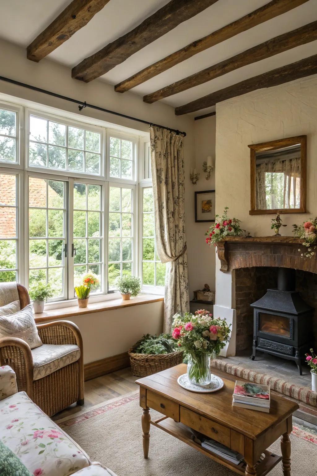 Expansive windows permit light to flood this cottage living space.