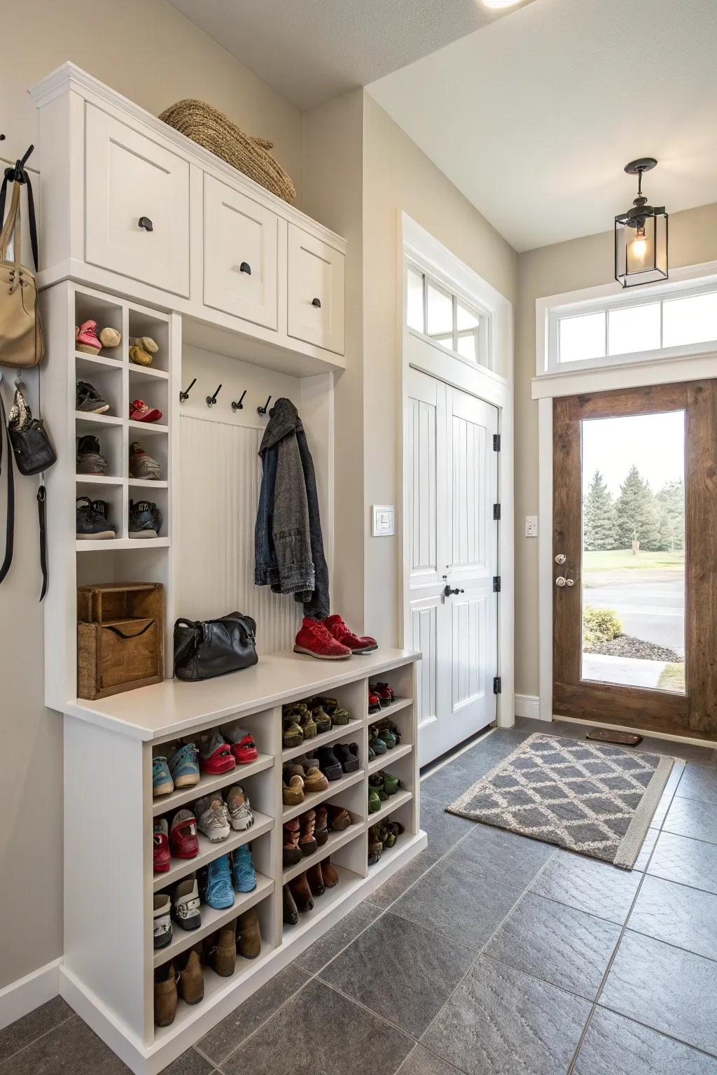 Wall-mounted storage helps save space and adds organization.