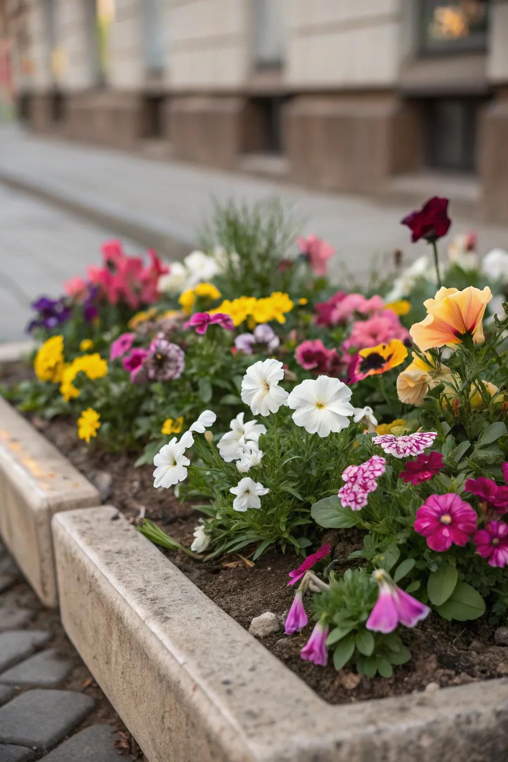A compact flower bed brimming with a well-balanced array of bright and soft colors.