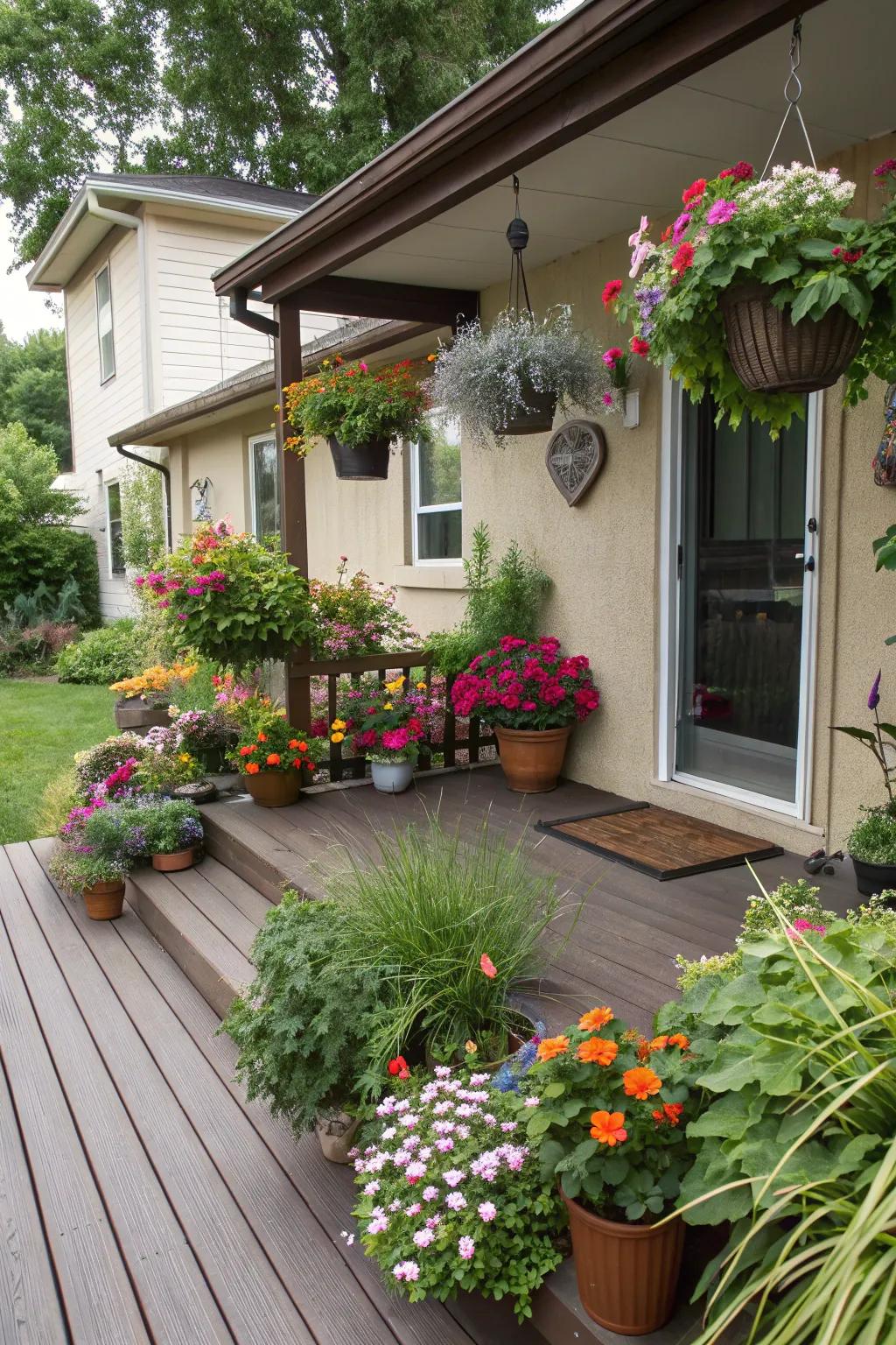 Lush verdure breathes life into a diminutive front deck.