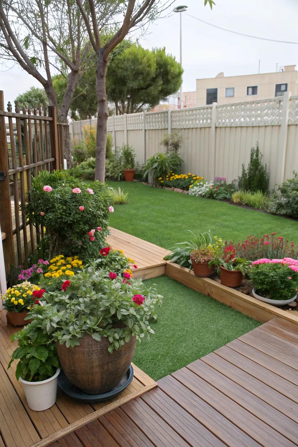 Potted plants adding color and texture to a garden featuring artificial grass.