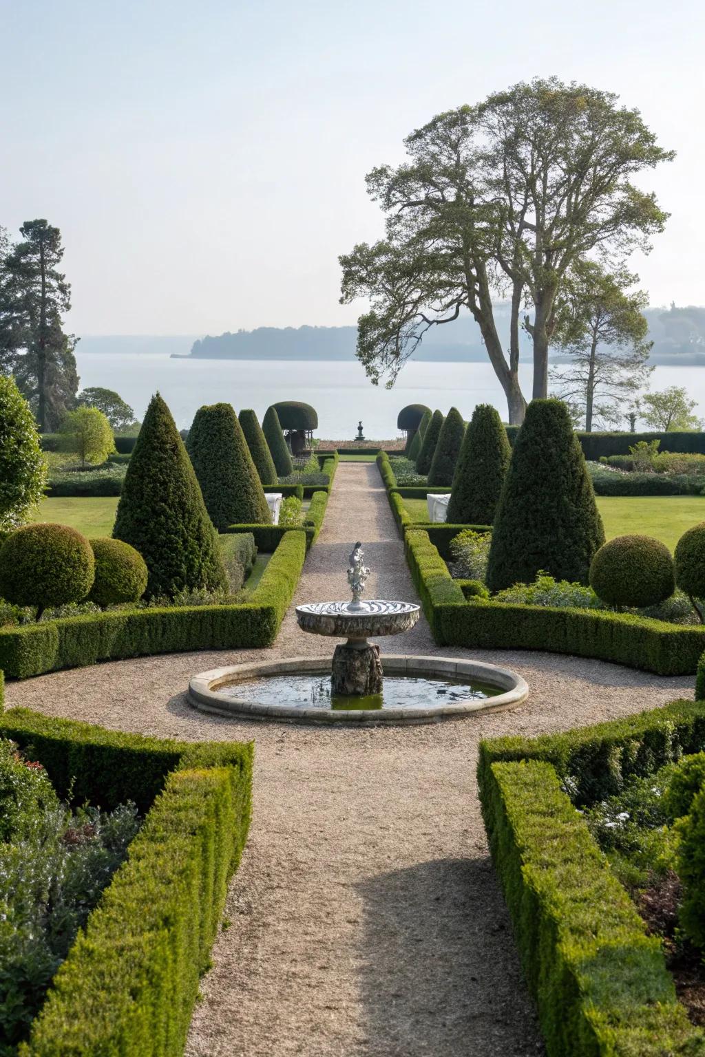 Square-shaped hedges establishing a symmetrical garden scene.