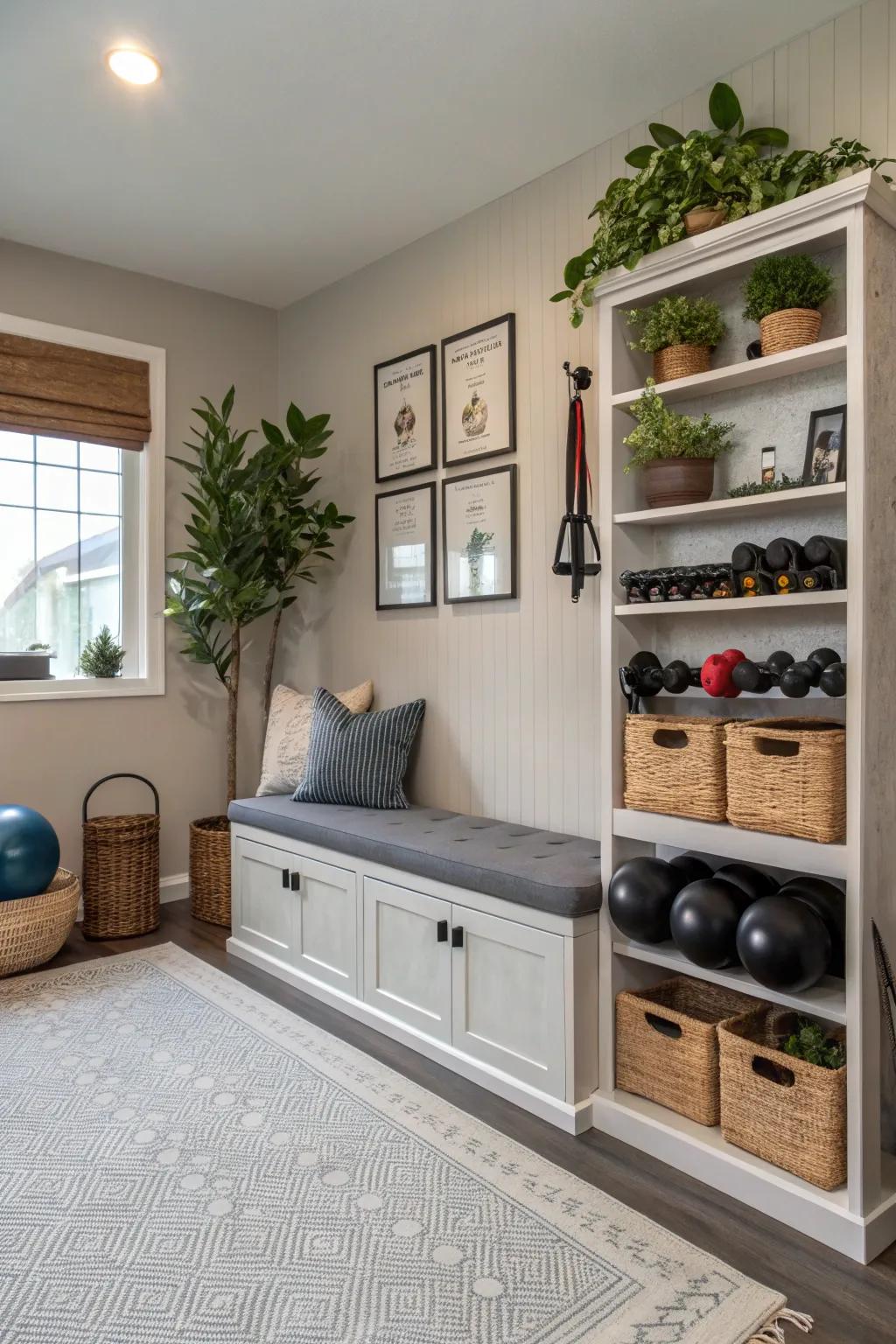 Your home gym's space is optimized by furniture that serves multiple purposes.