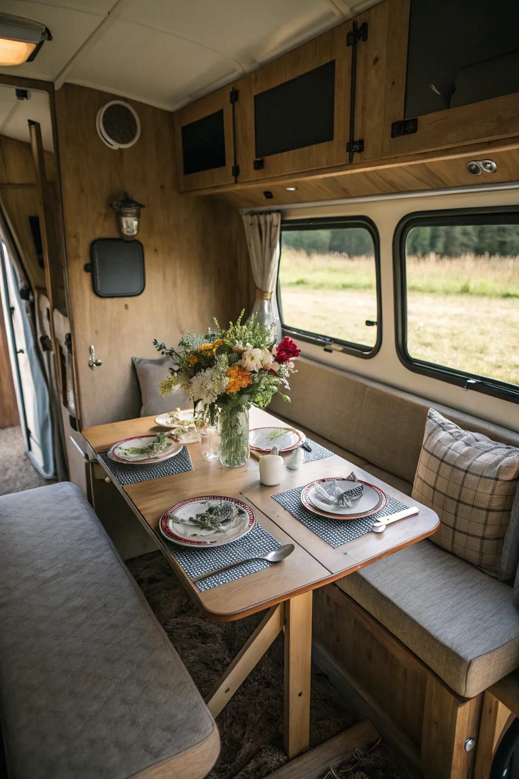 A foldable dining area offers flexibility in compact living spaces.